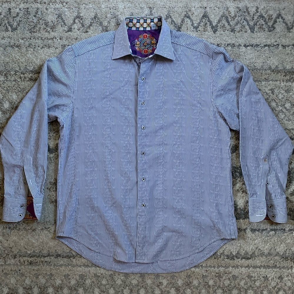 Robert Graham White Striped Paisley Button Up Large